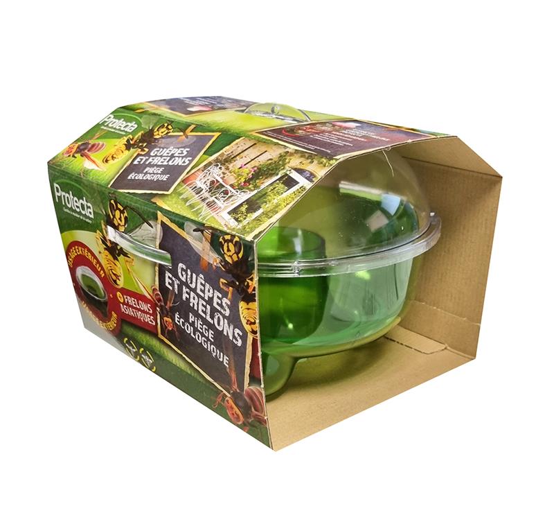 Boîte d'emballage du piège écologique PROTECTA pour guêpes et frelons, utilisable en extérieur pour protéger l'habitation.
