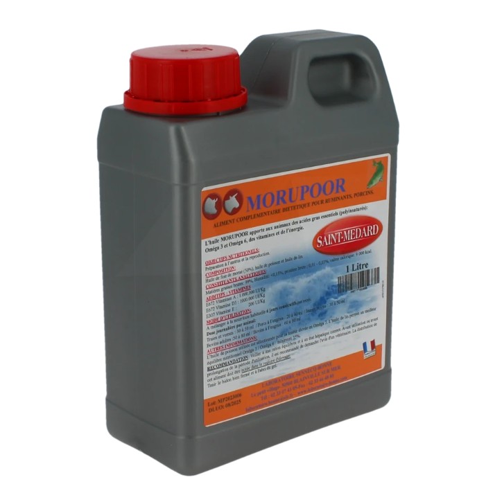 Bidon 1L Morupoor Saint-Médard huile de foie de morue et lin pour bovins et porcs