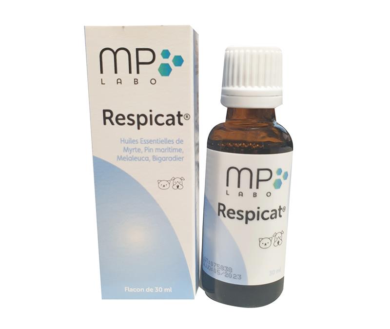 Boîte et flacon de 30 ml de Respicat MP Labo, complexe d'huiles essentielles pour le confort respiratoire des chiens et des chats.