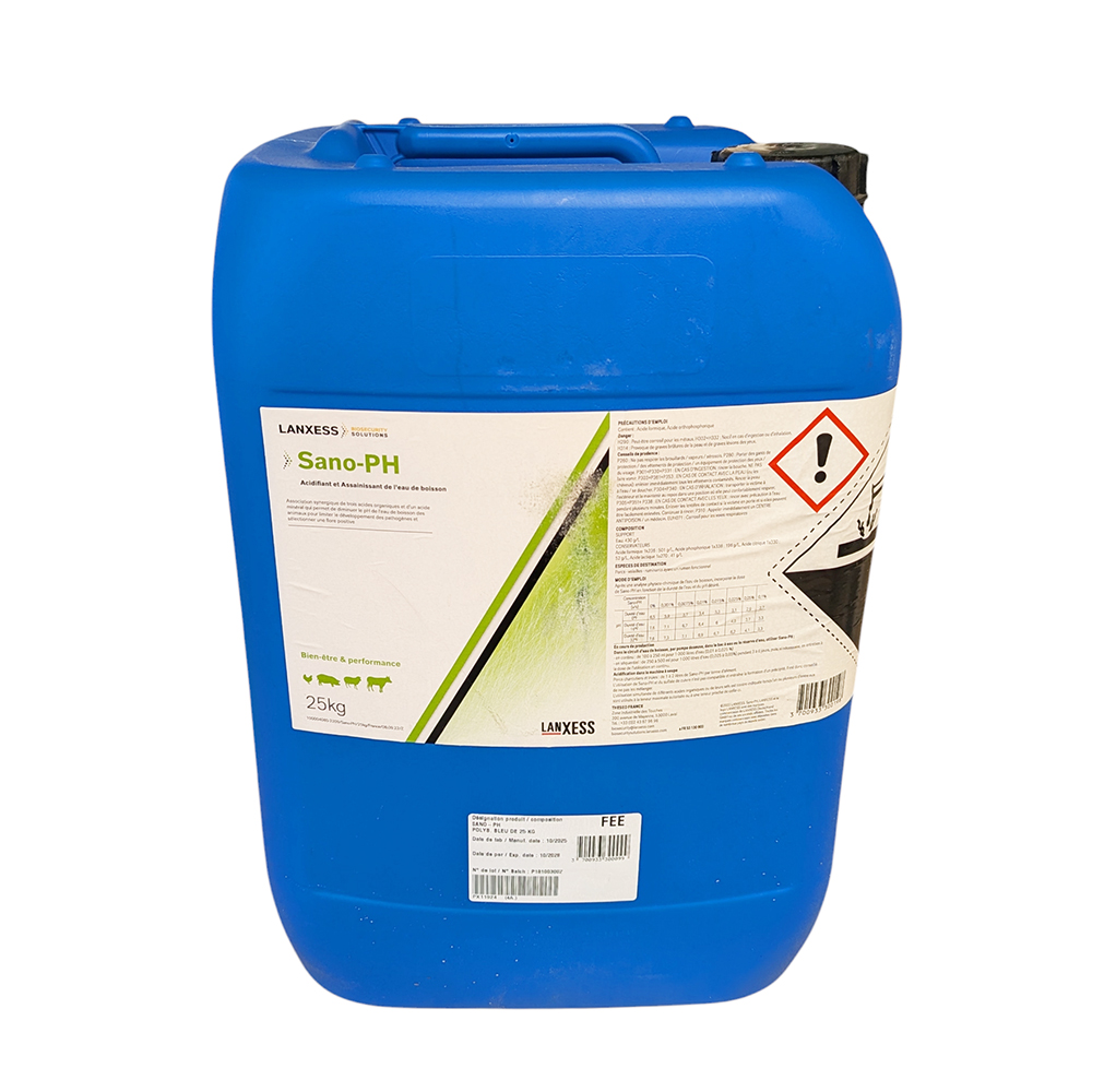 Bidon 25kg SANO-PH Lanxess acidifiant eau boisson synergie acides minéraux élevage porc volaille