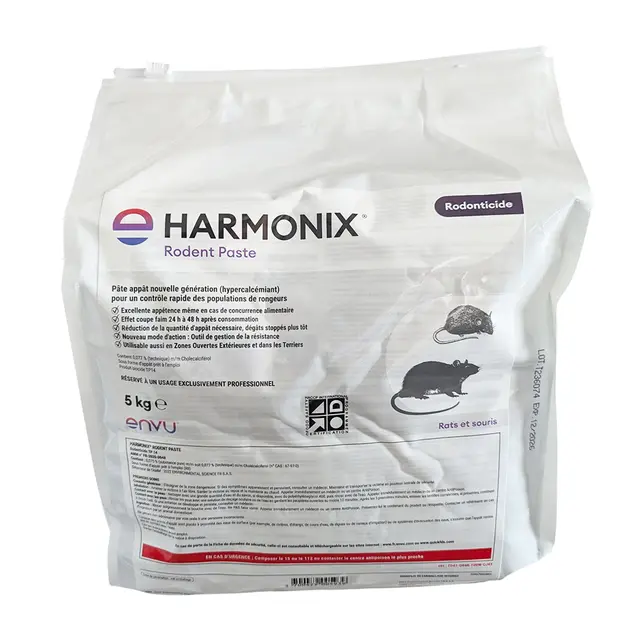 Sac de 5 kg de rodenticide Harmonix Rodent Paste d'Envu, appât nouvelle génération au cholécalciférol pour le contrôle rapide des rats et souris avec effet coupe-faim.