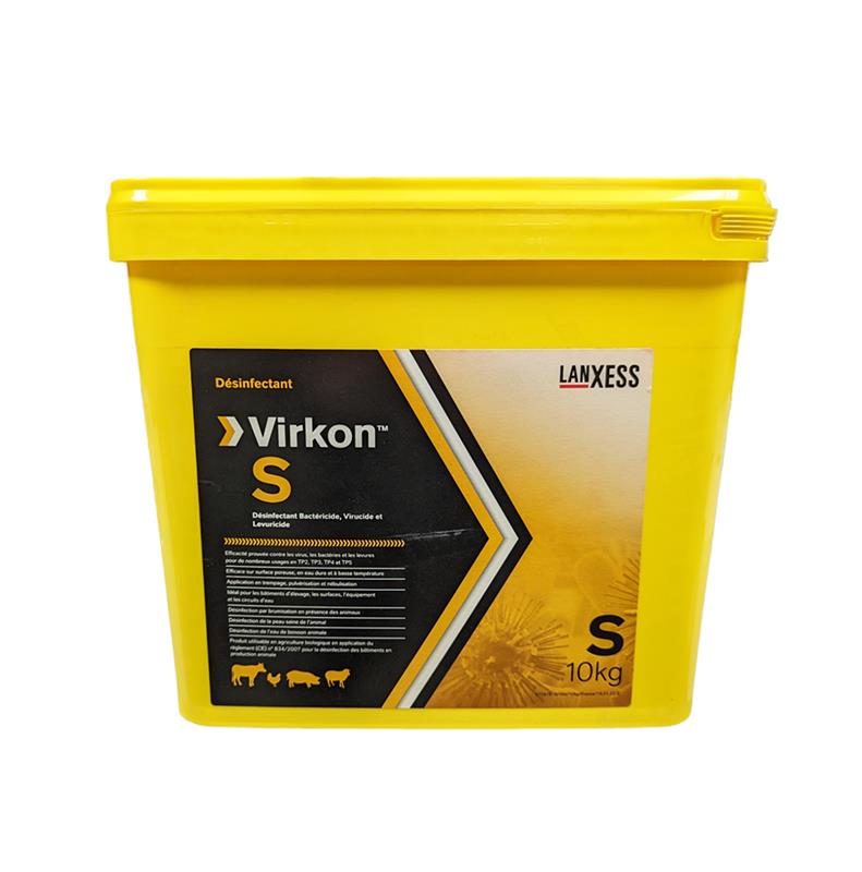 Seau jaune de 10 kg de désinfectant Virkon S LANXESS en poudre, avec mention bactéricide, virucide et levuricide pour l'hygiène en élevage.