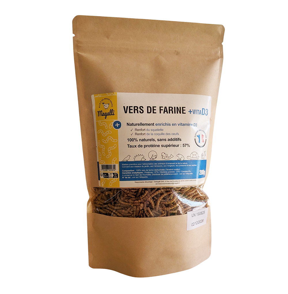 Sachet de vers de farine MAG D3 200 g, aliment naturel riche en protéines et vitamine D3 pour oiseaux, reptiles et hérissons.