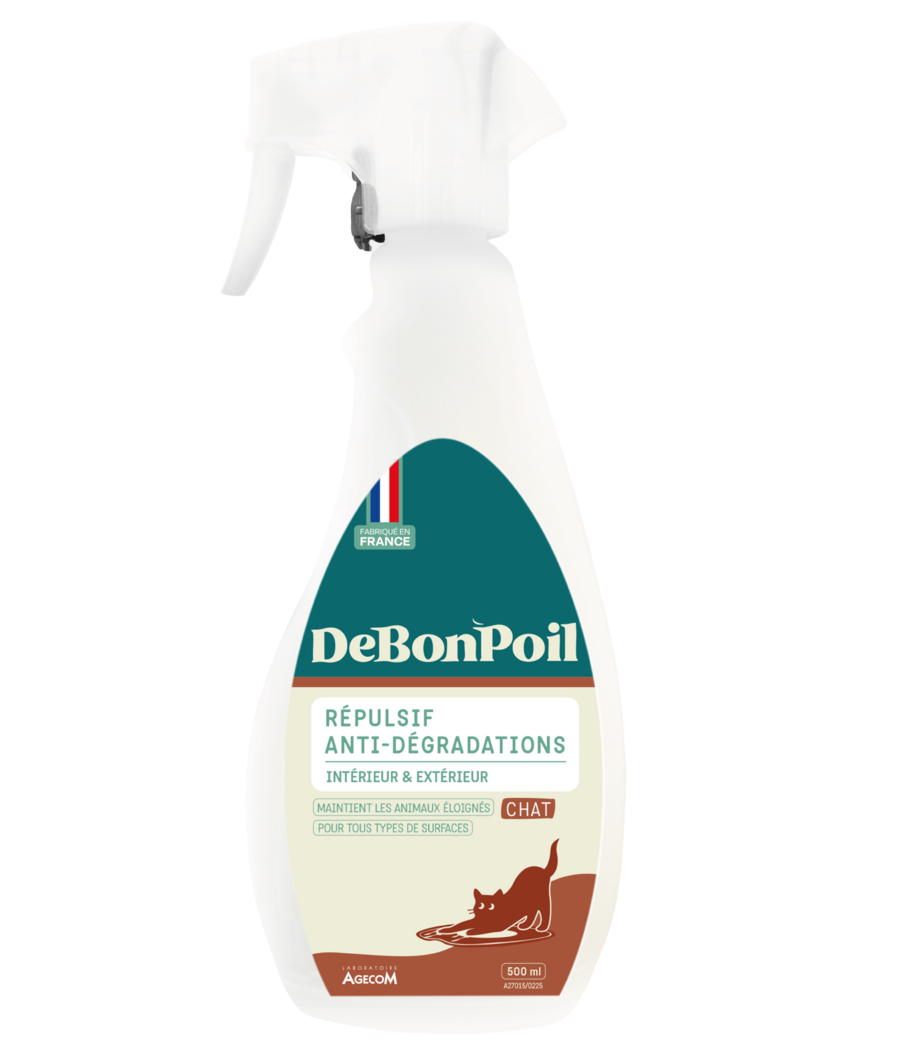 Flacon pistolet blanc de 500 ml de Spray Répulsif Chat Anti-Dégradations DeBonPoil fabriqué en France