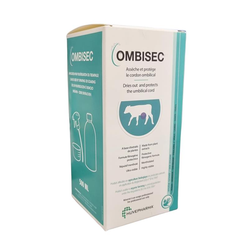 Flacon spray de 500 ml Ombisec de Huvepharma, solution bleue pour l'assèchement et la protection du cordon ombilical des nouveau-nés.