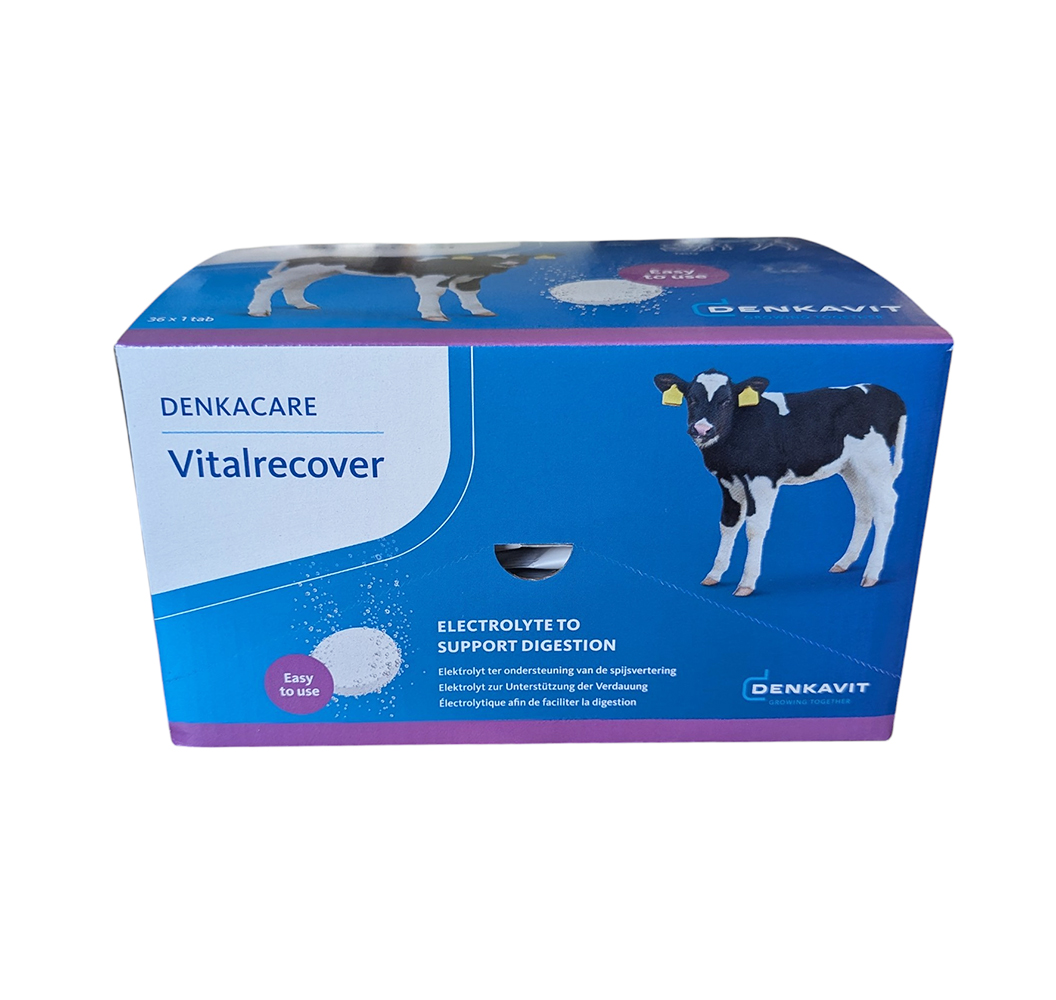 Boîte bleue et blanche de 36 galets effervescents DENKACARE Vitalrecover par Denkavit, solution électrolytique pour la réhydratation des veaux.
