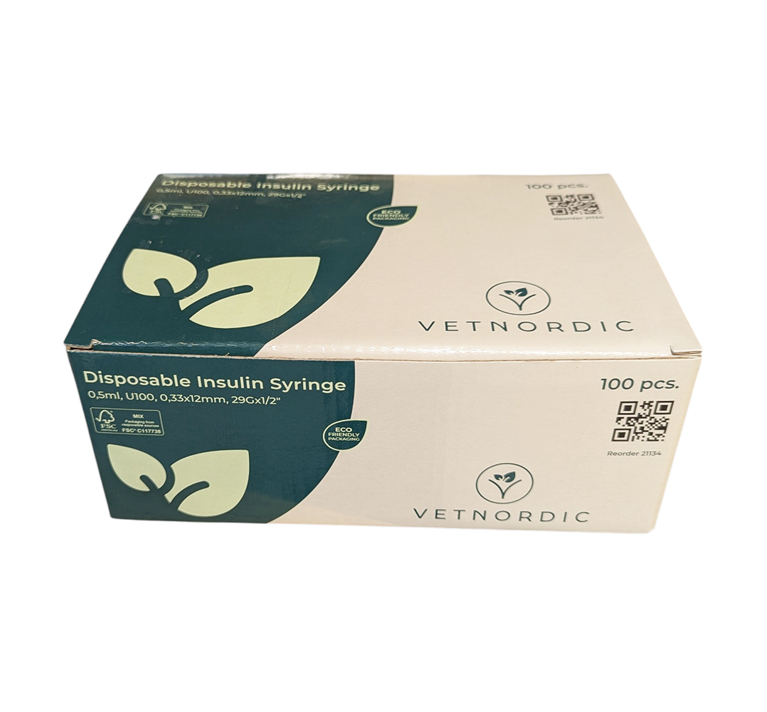 Boîte de 100 seringues à insuline VetNordic 0,5 ml U-100 avec aiguille sertie 29G.