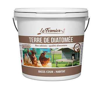 Seau blanc de 370 g de Terre de Diatomée Le Fermier non calcinée de qualité alimentaire pour basse-cour et habitat.