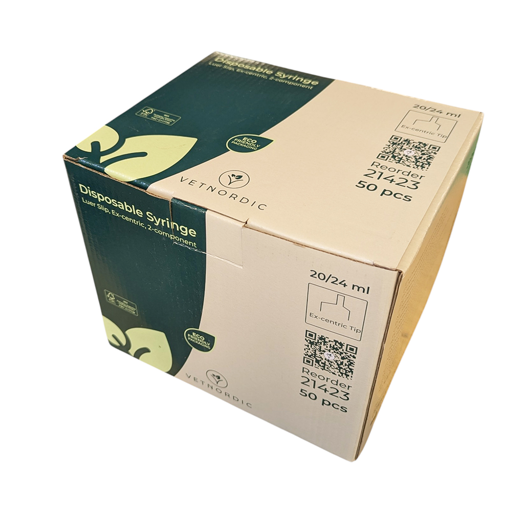 Boîte de 50 seringues vétérinaires 20-24 ml VetNordic 2 composants sans joint caoutchouc avec embout ex-centré