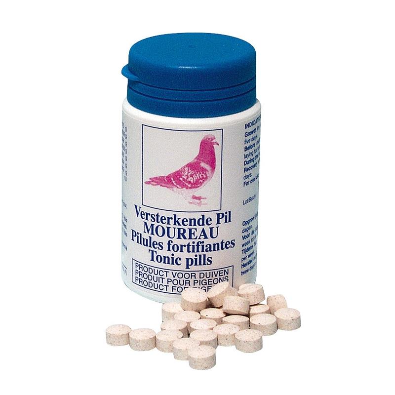 Boîte de 250 comprimés de Pilules Fortifiantes MOUREAU pour pigeons voyageurs, stimulant la croissance et la reproduction.