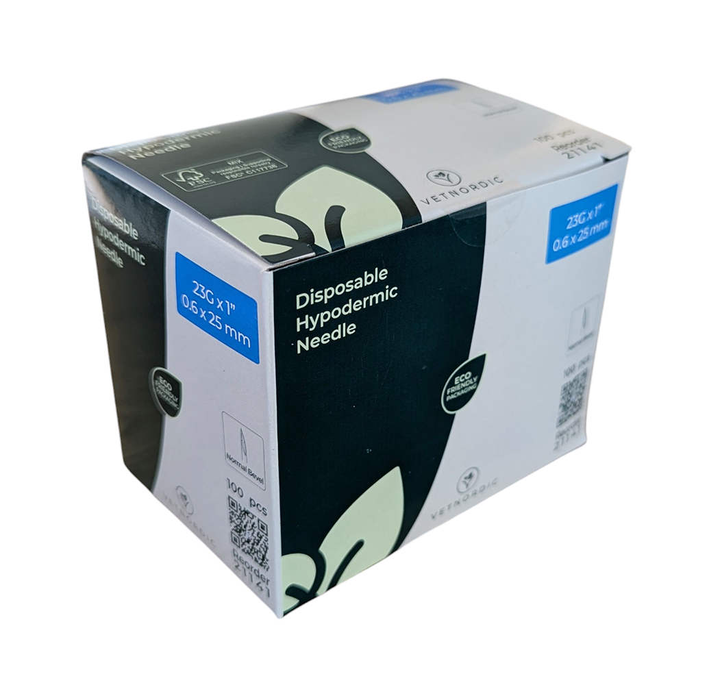 Boîte de 100 aiguilles hypodermiques VetNordic 23G Bleue 25mm, pour chats et NAC.