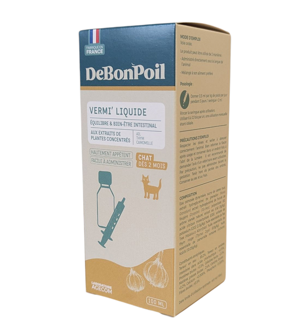Flacon 100 ml Vermi’ Liquide DeBonPoil avec seringue de dosage pour l'équilibre intestinal du chat.