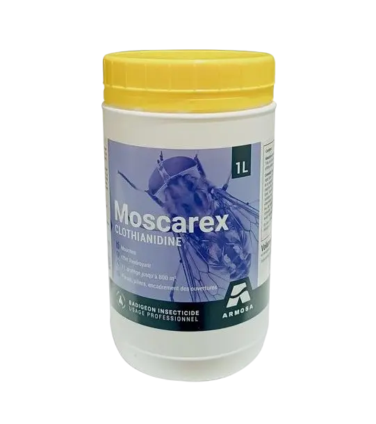 Moscarex Insecticide Prêt à l’emploi 1L – Armosa, solution professionnelle anti-mouches, sans odeur et autorisée en élevage.