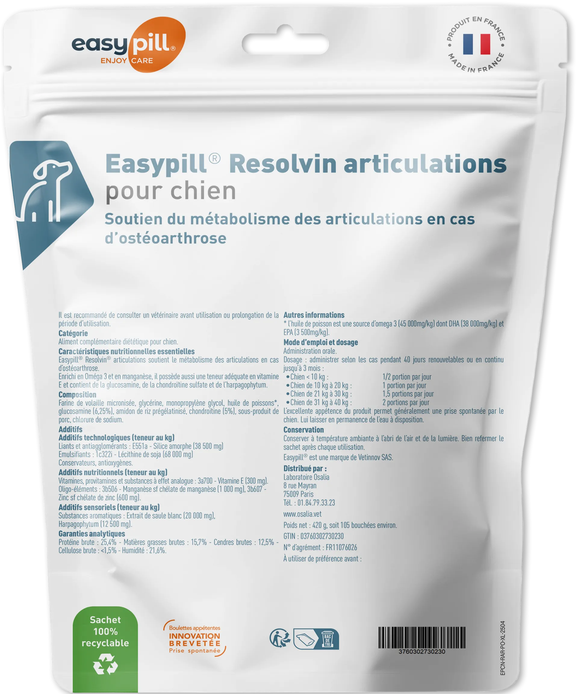 Sachet Easypill Resolvin Articulations chien 15x28g - Complément arthrose avec Harpagophytum et Glucosamine