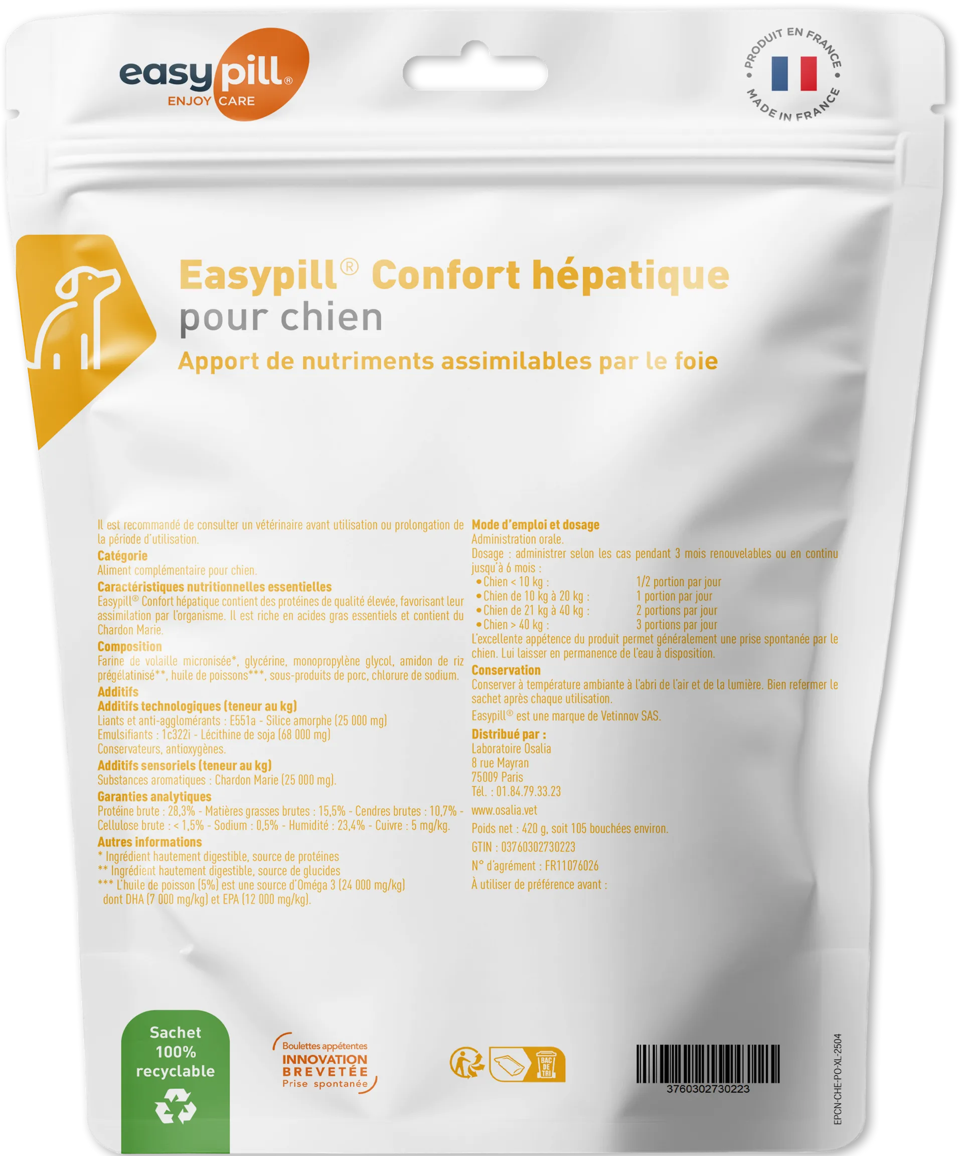 Sachet Easypill Confort Hépatique Chien Osalia 105 bouchées chardon marie foie