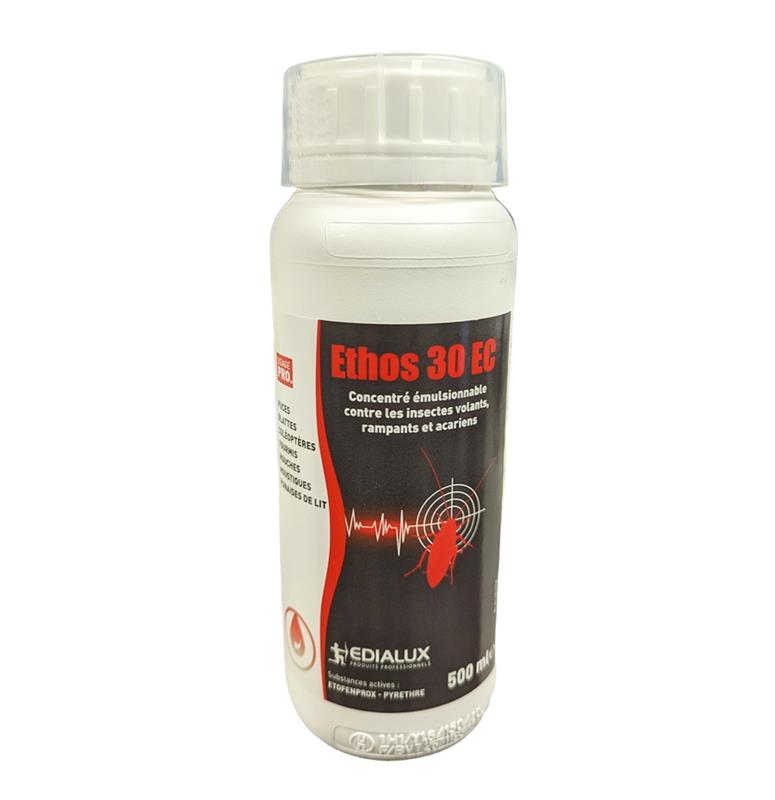 Flacon de 500 ml d'insecticide Ethos 30 EC Edialux, concentré émulsionnable à base d'Etofenprox pour professionnels.