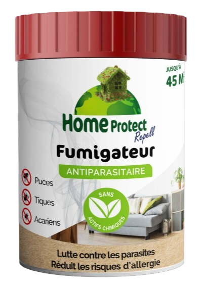 Pot cylindrique blanc avec couvercle rouge de Fumigateur Antiparasitaire Home Protect Repell pour puces, tiques et acariens.