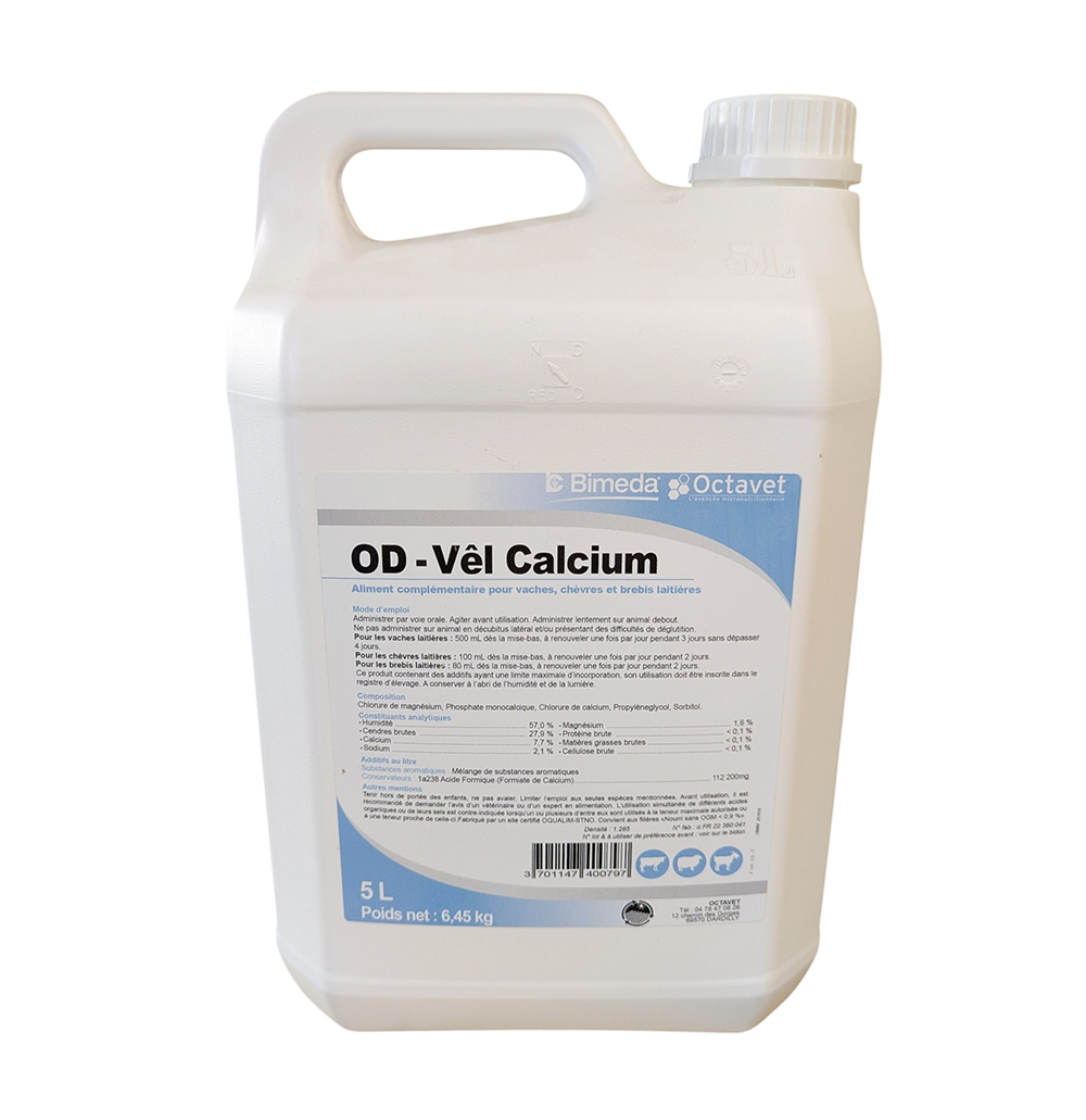 Bidon de 5L OD-Vêl Calcium Octavet, aliment complémentaire liquide pour vaches et chèvres.