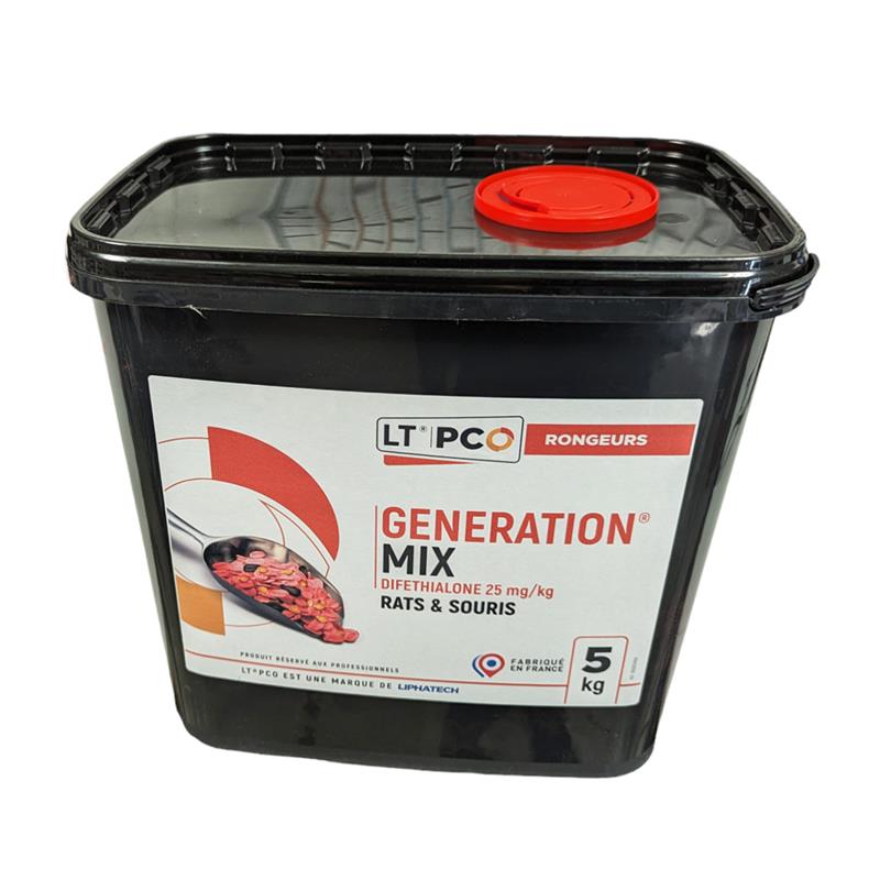 Seau de 5 kg de GENERATION MIX par LIPHATECH, mélange de céréales raticide et souricide à la Diféthialone, fabriqué en France.