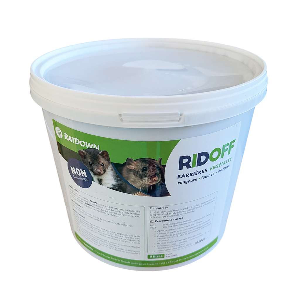 Seau de 5 litres de barrières végétales RIDOFF pour rongeurs, fouines et martres, formulation non chimique à base de camphre.