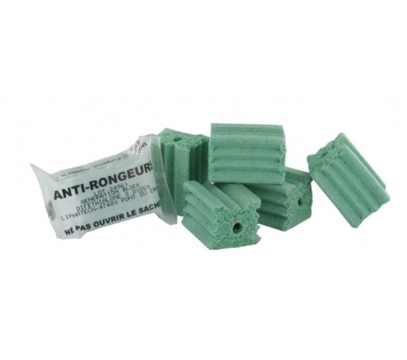 Seau de 5 kg de GENERATION BLOCK par LIPHATECH, raticide et souricide professionnel en blocs de 20g à la Diféthialone, fabriqué en France.