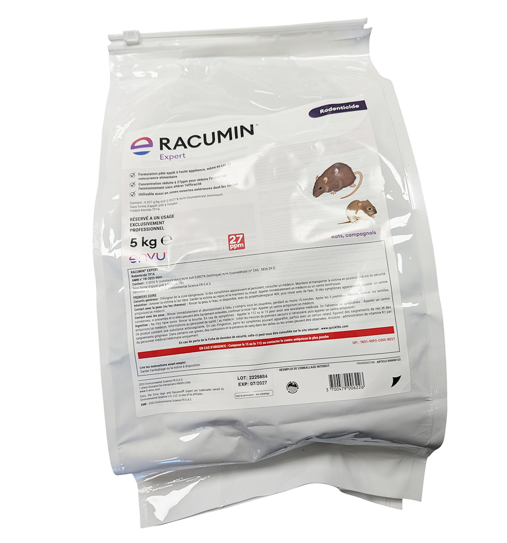 Sac blanc de 5 kg de RACUMIN Expert, appât rodenticide en pâte pour usage professionnel exclusivement.