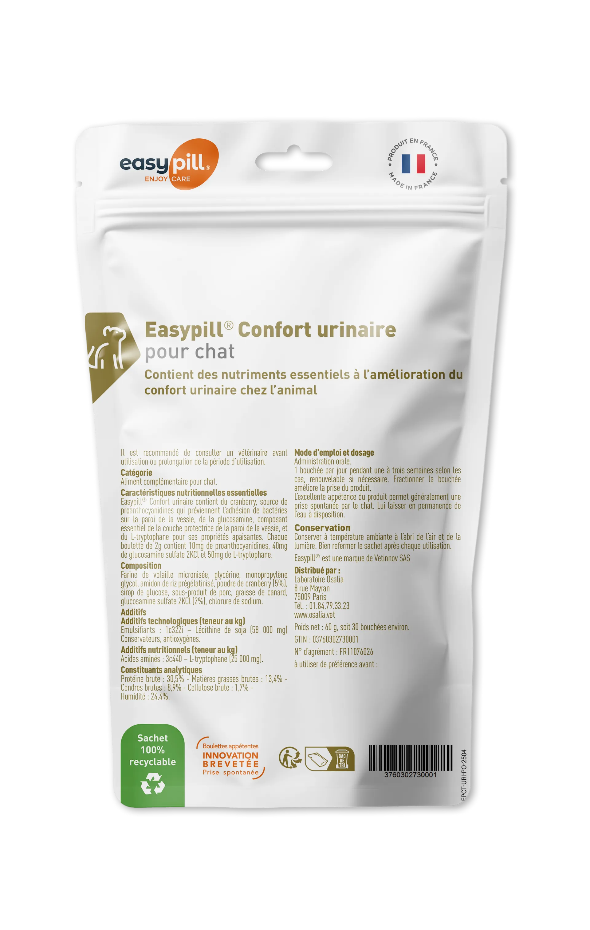Sachet Easypill Confort Urinaire Chat Osalia 30 bouchées cranberry glucosamine