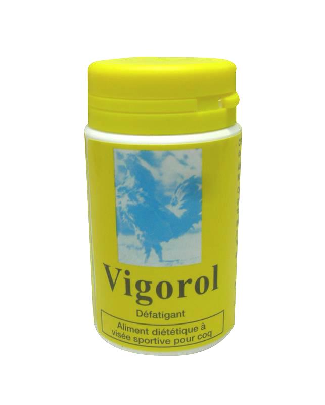 Boîte de comprimés Vigorol, aliment complémentaire défatigant et tonique pour coqs de combat et pigeons.