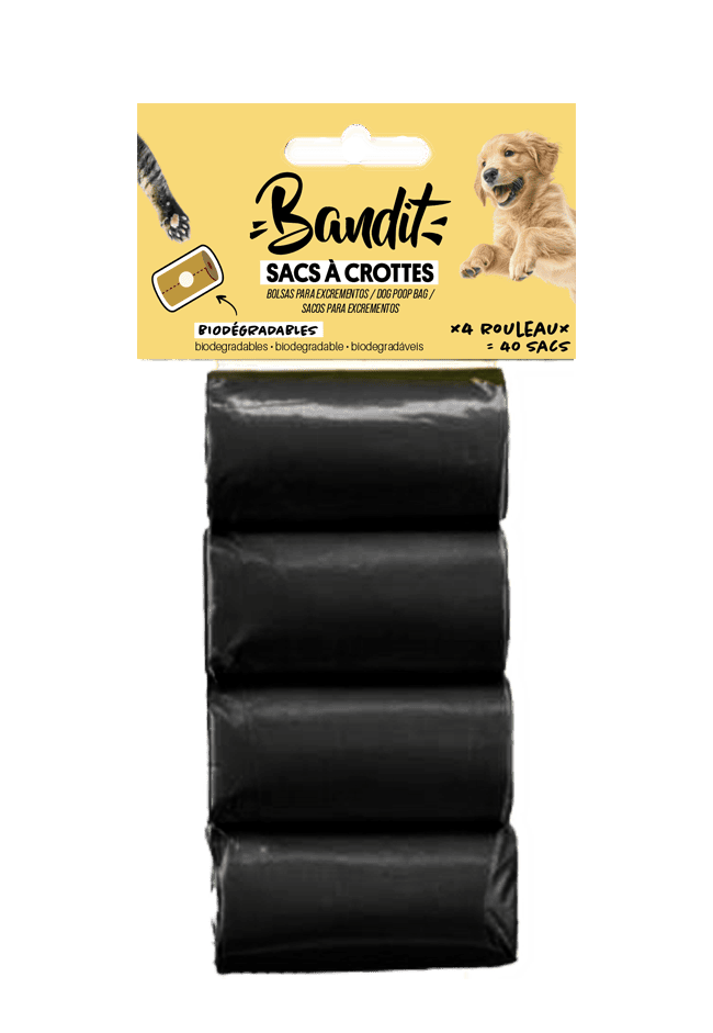 Pack de 4 rouleaux noirs de sacs à crottes biodégradables Bandit de 30 x 35 cm avec étiquette d'emballage jaune