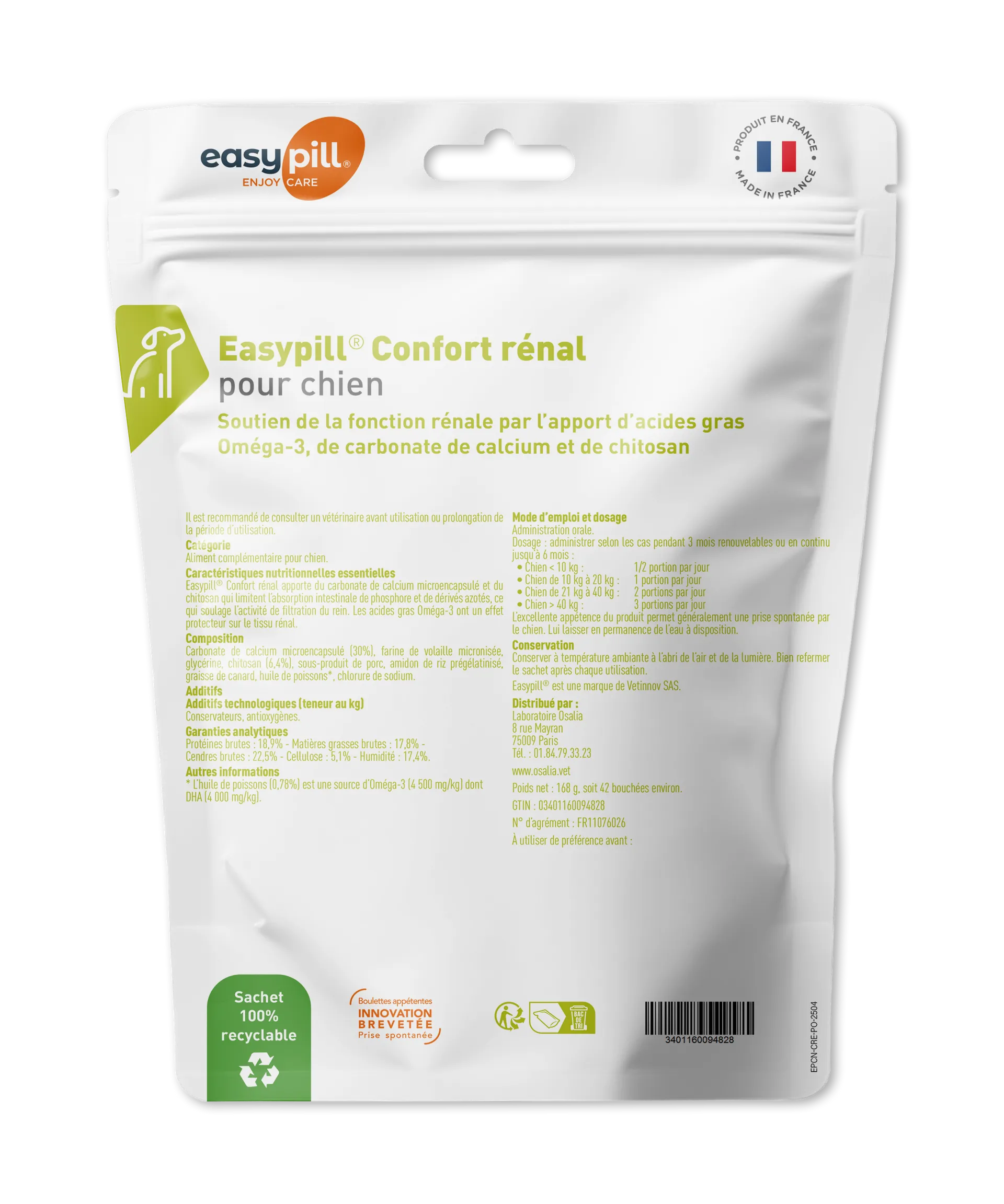 Sachet Easypill Confort Rénal Chien 42 bouchées - Complément insuffisance rénale avec Chitosan et Carbonate de Calcium