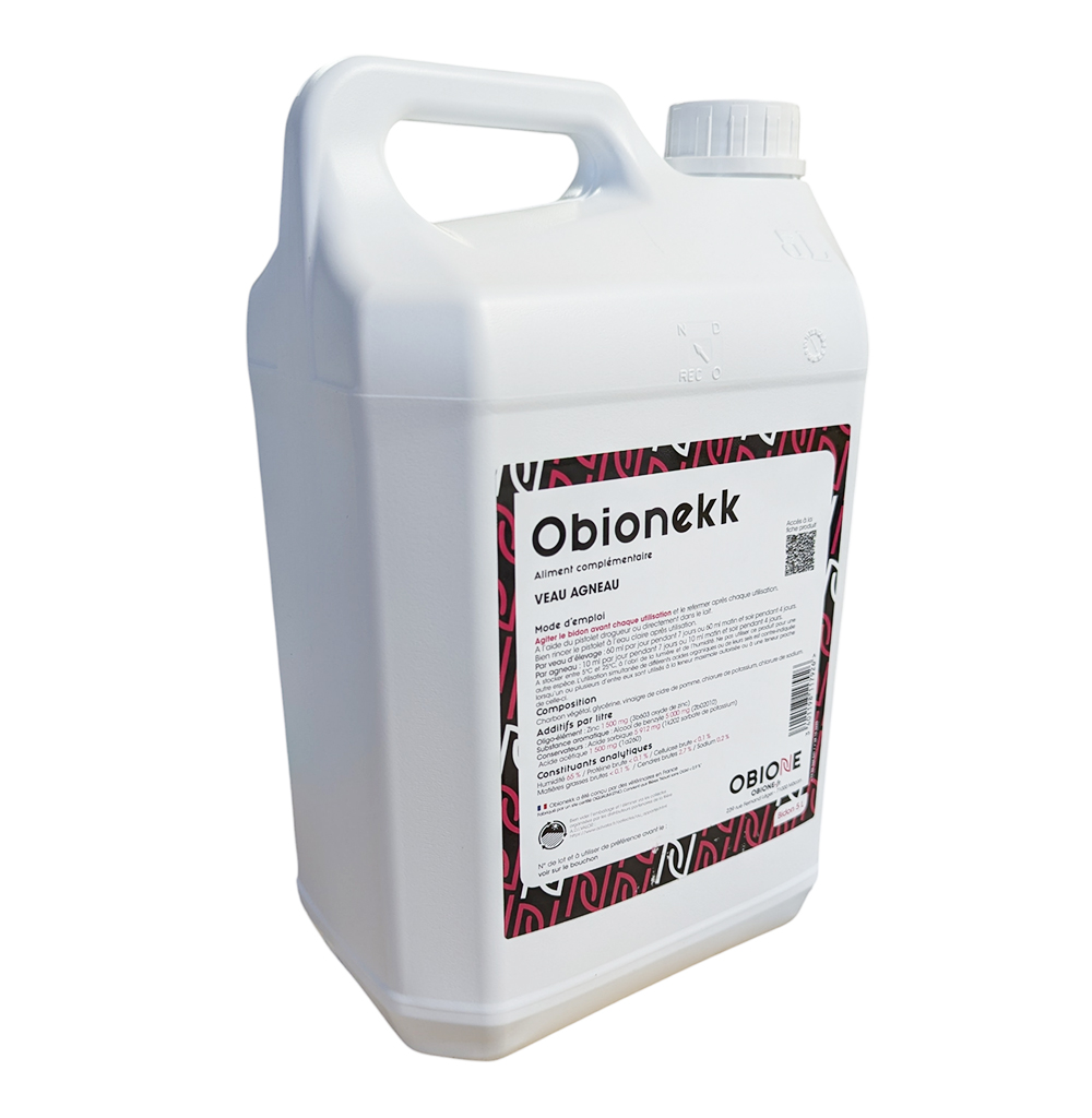 Bidon de 5L Obionekk Obione, aliment complémentaire au charbon végétal et zinc pour veau et agneau.