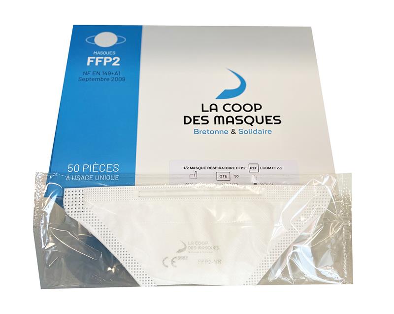 Boîte de masques FFP2 fabrication française La Coop des Masques, protection respiratoire.