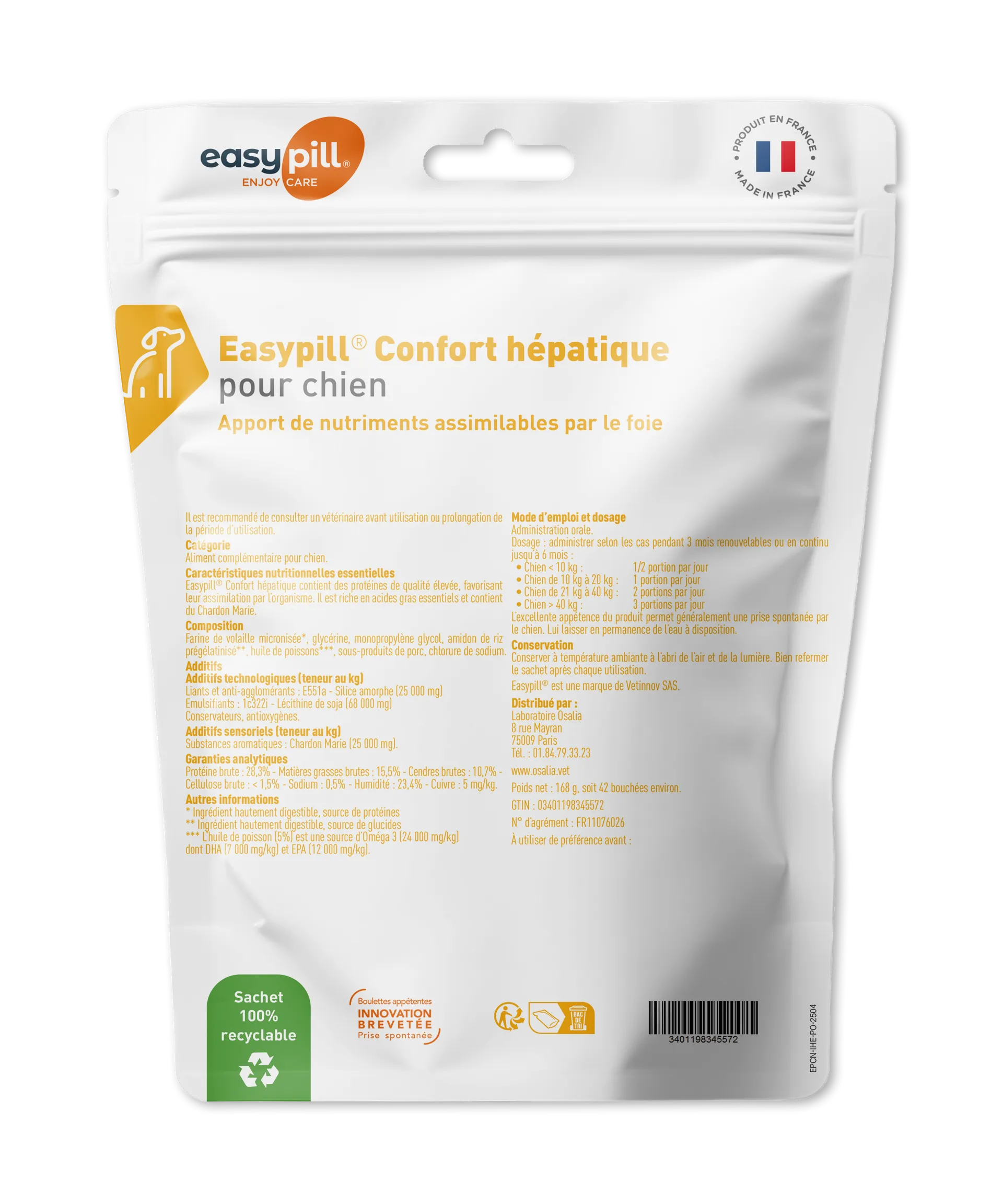 Sachet Easypill Confort Hépatique Chien 42 bouchées - Complément alimentaire foie avec Chardon-Marie et Oméga 3.