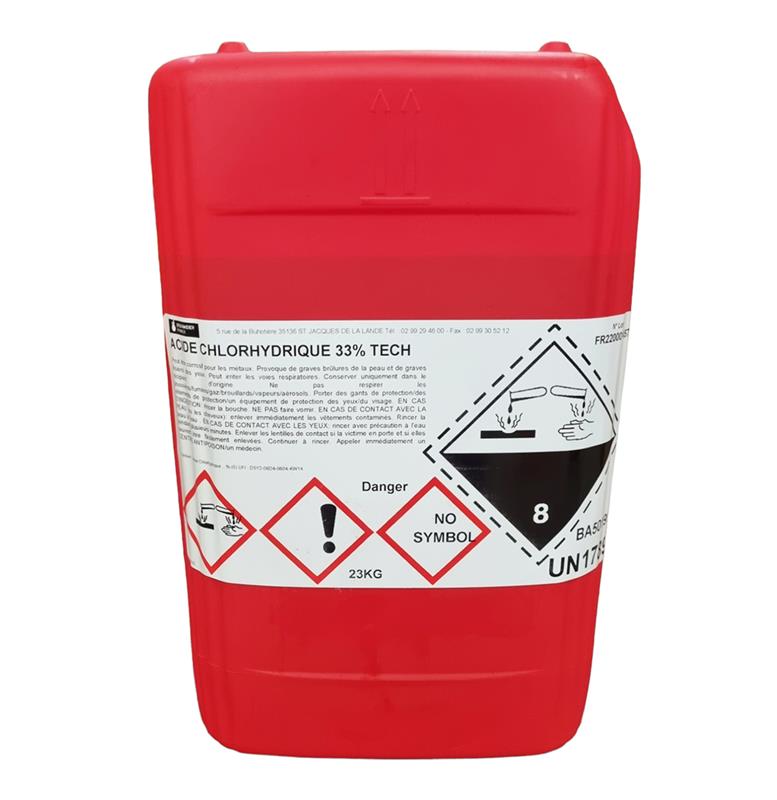 Bidon rouge Acide Chlorhydrique 33% Tech 23kg - Décapant et détartrant industriel UN 1789.