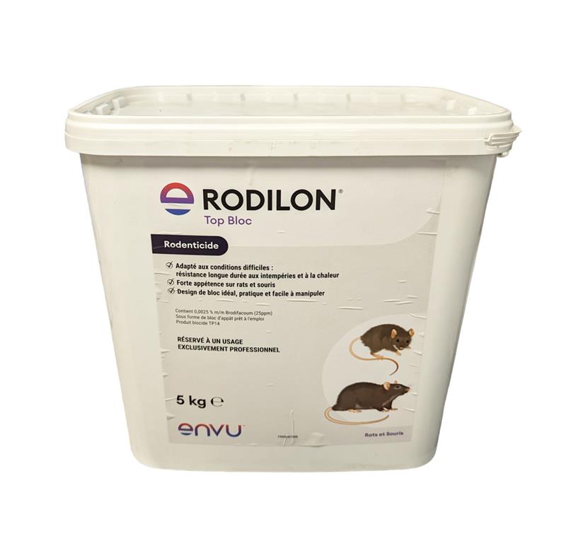 Seau blanc de 5 kg de Rodilon TOP BLOC ENVU, rodenticide professionnel au Brodifacoum pour rats et souris.
