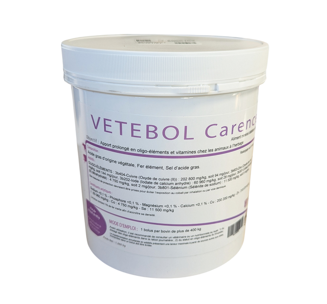 Vetebol Carence 16x84g – bolus nutritionnel pour bovins, correction des carences minérales et vitaminiques