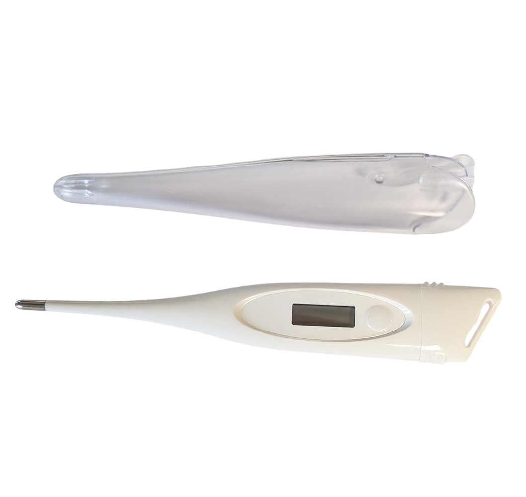 Thermomètre digital électronique de 18 cm pour grands animaux et son étui de protection transparent.