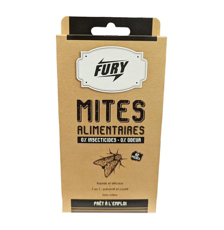 Boîte en carton brun Fury pour 2 pièges à mites alimentaires, mentionnant 0% insecticide, 0% odeur, rapide et efficace, usage préventif et curatif.