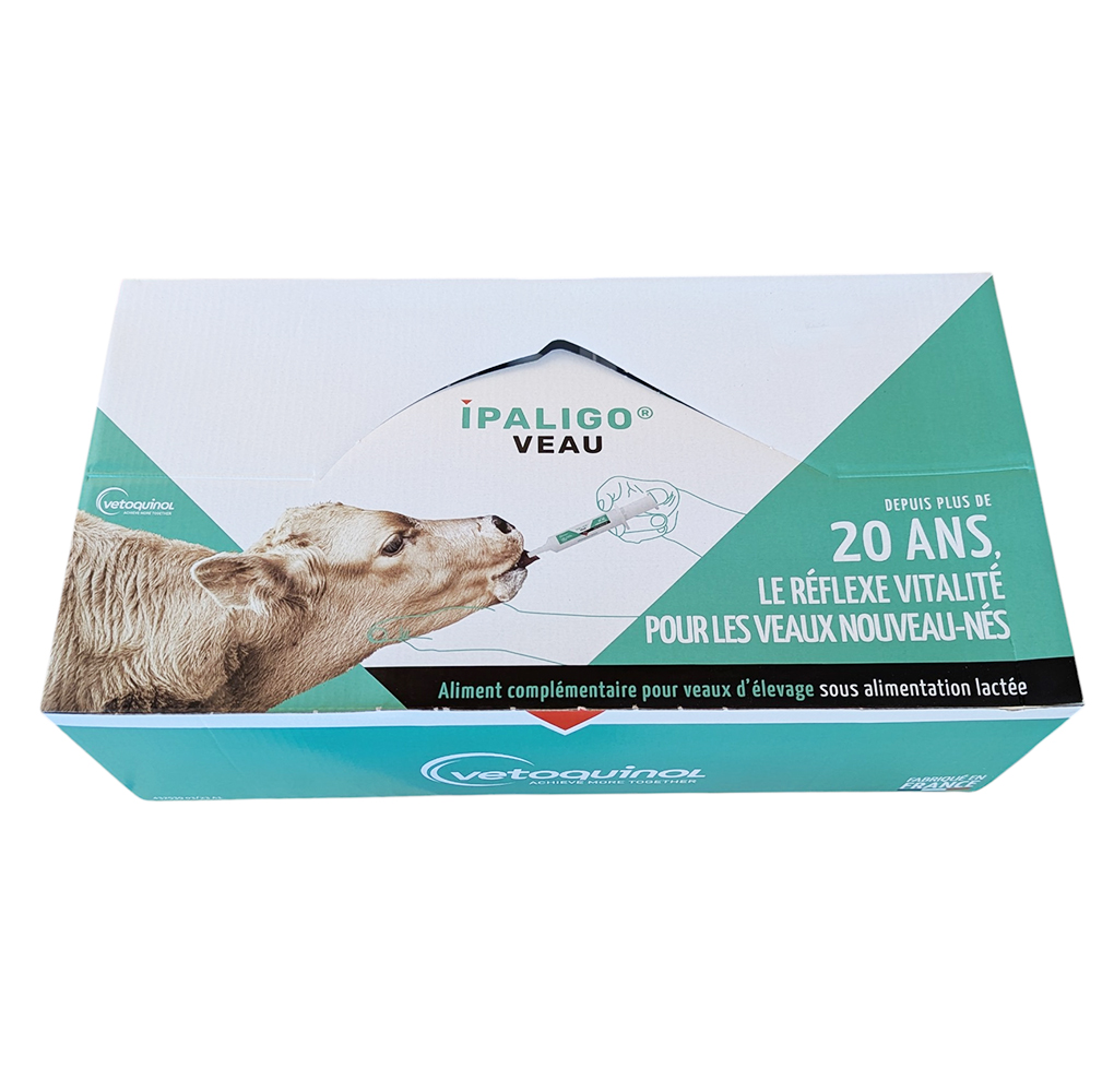 Boîte de 48 seringues IPALIGO Veau Vetoquinol, aliment complémentaire vitalité pour veau nouveau-né.