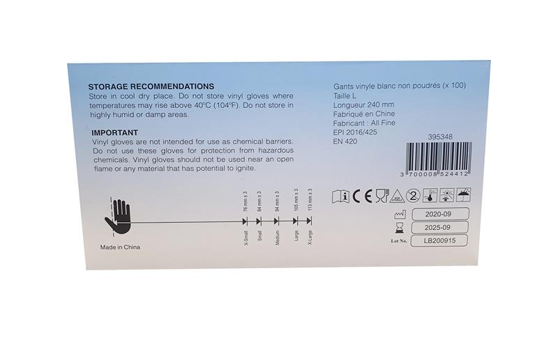 Boîte de 100 gants jetables vinyle non poudrés taille M.