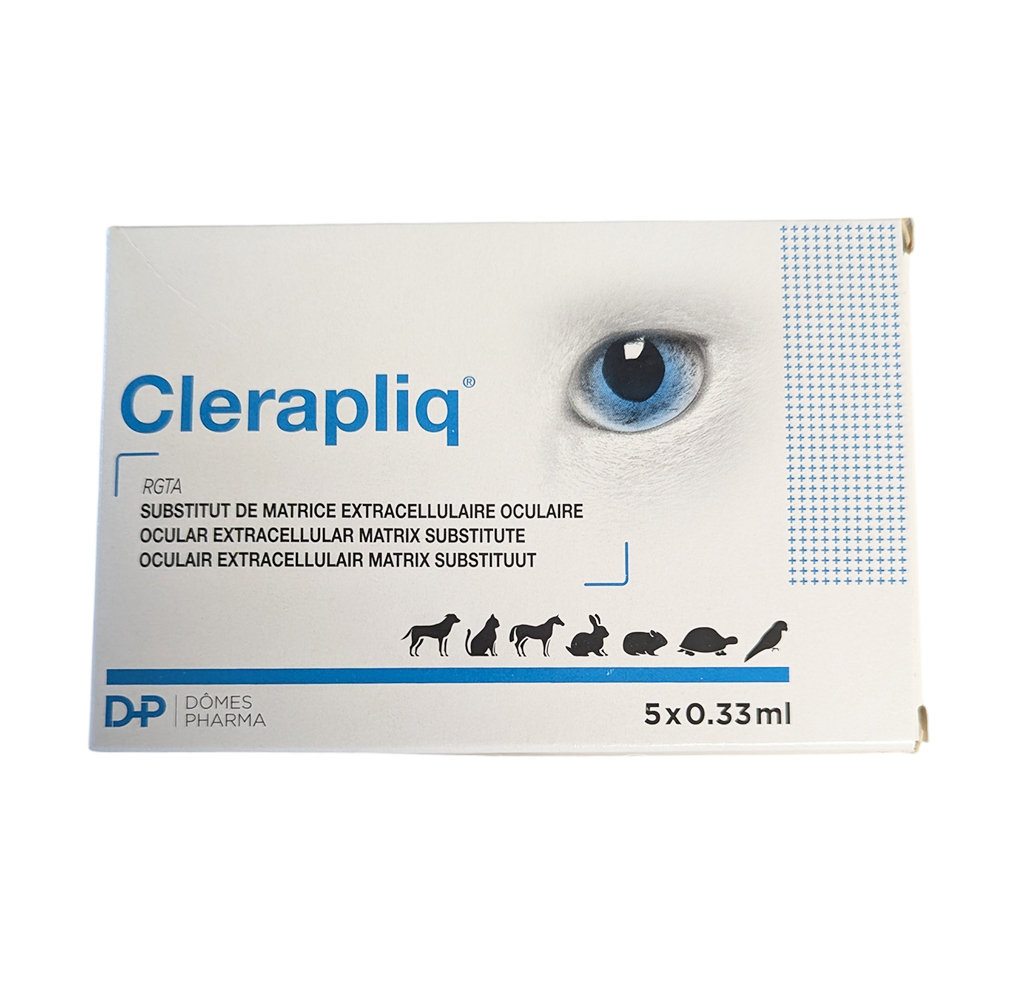 Boîte de 5 unidoses stériles de Clerapliq TVM, substitut de matrice extracellulaire oculaire pour chiens, chats, chevaux et NAC.