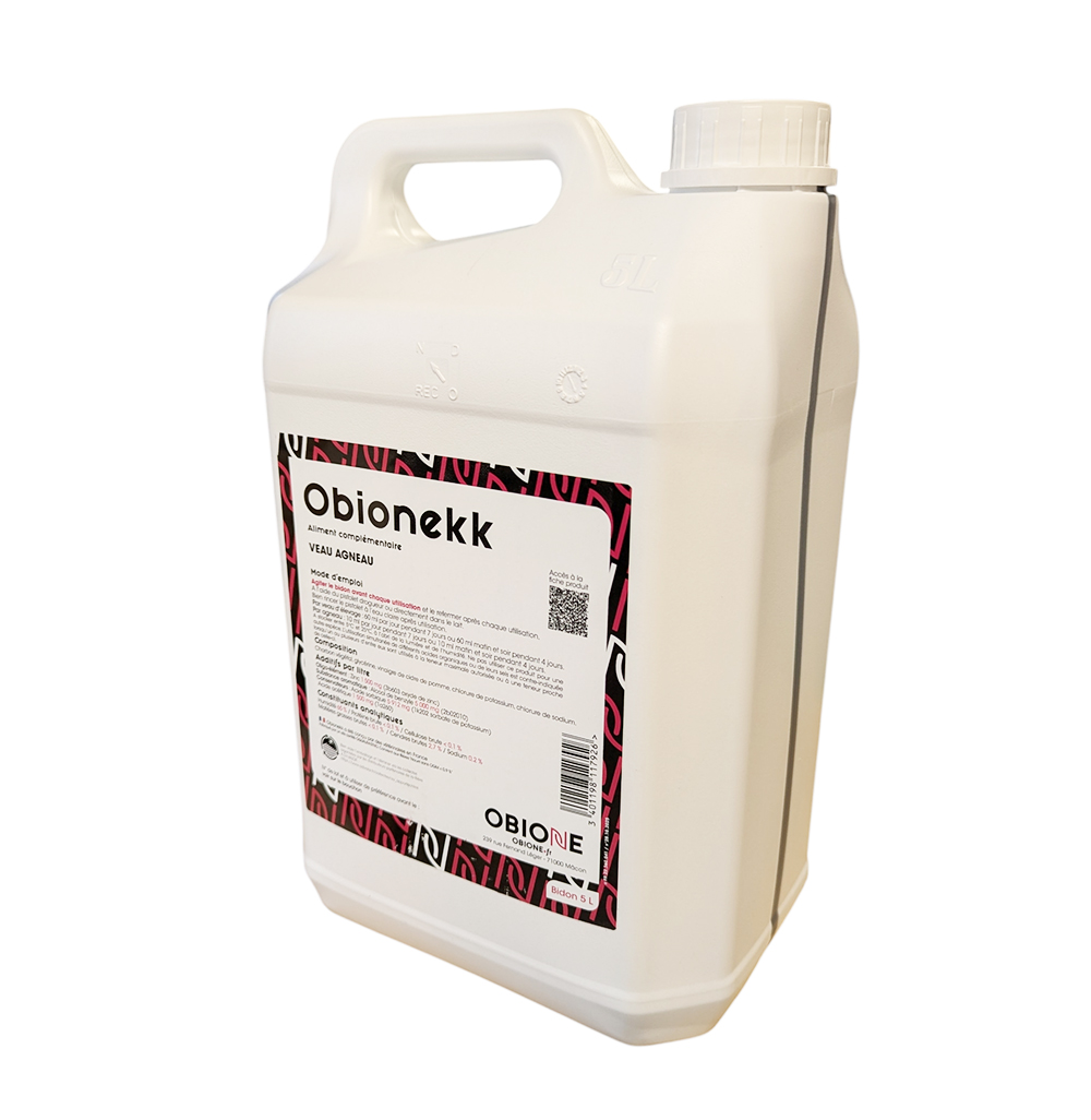 Bidon de 5L Obionekk Obione, aliment complémentaire au charbon végétal et zinc pour veau et agneau.