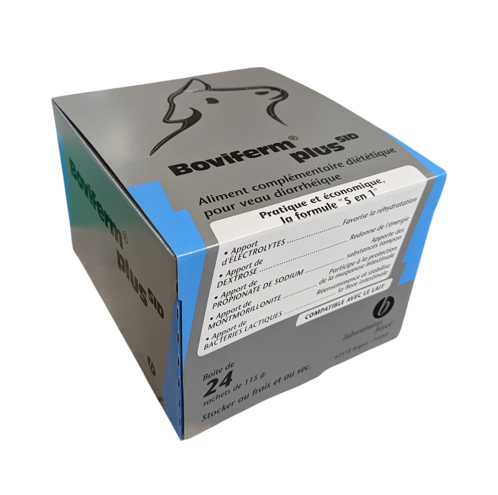 Boîte cubique grise et bleue de BOVIFERM® PLUS SID (24 sachets de 115g), aliment complémentaire diététique pour veau diarrhéique des laboratoires Biové.
