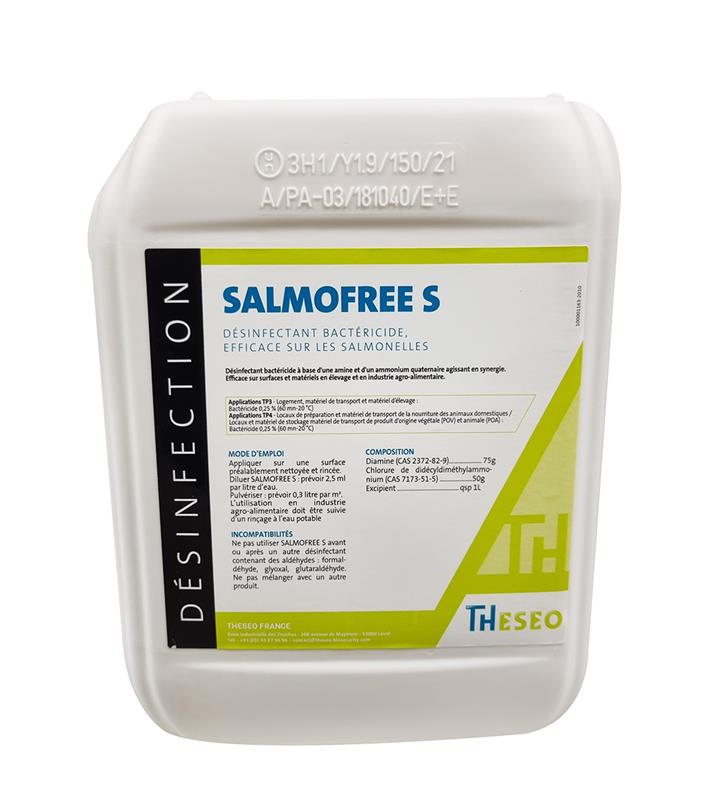 Bidon blanc de 5 Litres de SALMOFREE S THESEO, désinfectant bactéricide efficace sur les salmonelles pour l'élevage et l'industrie alimentaire.
