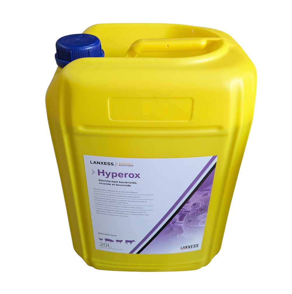 Bidon jaune de 20 litres de désinfectant Hyperox™ LANXESS pour usage vétérinaire et élevage.
