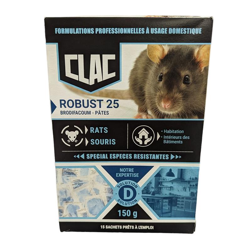 Boîte de rodenticide Clac ROBUST 25 contenant 10 sachets de 15 g de pâtes moelleuses au brodifacoum pour éliminer rats et souris résistants.