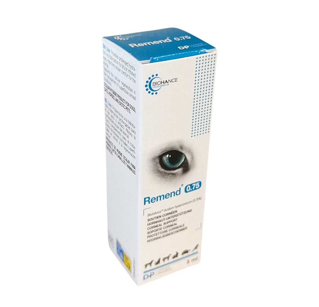 Boîte et flacon de 3 ml de collyre REMEND 0,75 à l'acide hyaluronique réticulé pour le soutien et la régénération de la cornée chez le chien, le chat et le cheval.