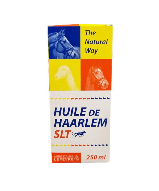 Boîte et flacon de 250 ml d'Huile de Haarlem SLT des Laboratoires Lefevre, complément naturel historique pour le bien-être et la santé du cheval.