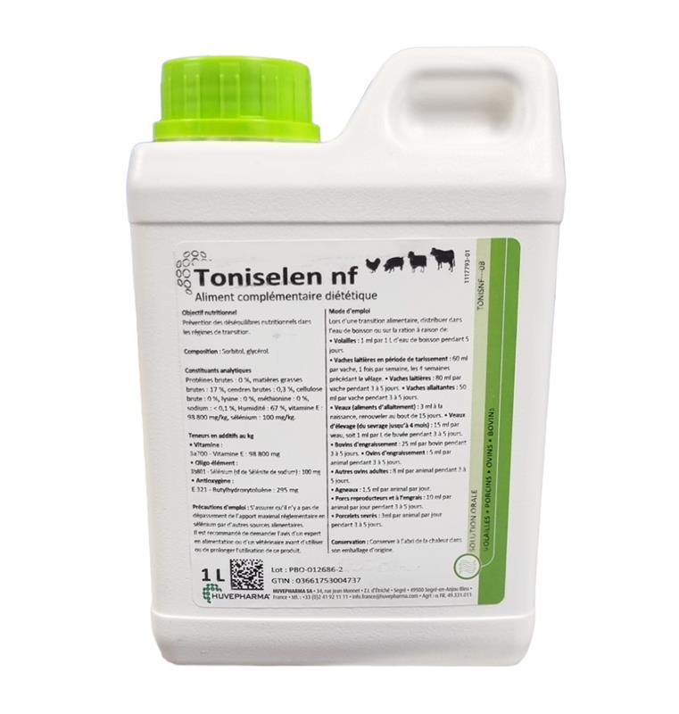 Bidon blanc de 1 litre de Toniselen NF de Huvepharma, solution orale riche en vitamine E et sélénium pour animaux d'élevage.