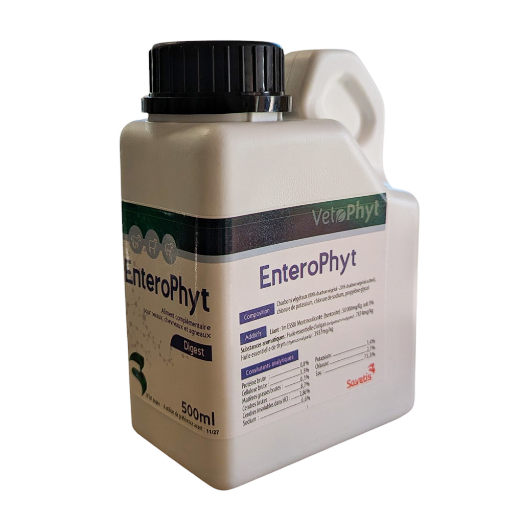 Flacon de 500 ml EnteroPhyt Savetis, aliment complémentaire diététique pour veaux et agneaux à base de charbon et montmorillonite pour le transit digestif.